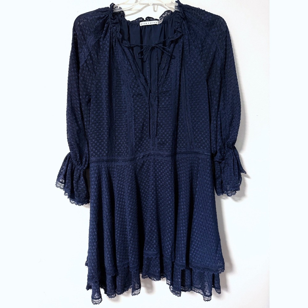 Alice + Olivia Joanne Tiered Handkerchief Dress Navy Clip Dot Lace Trim 14